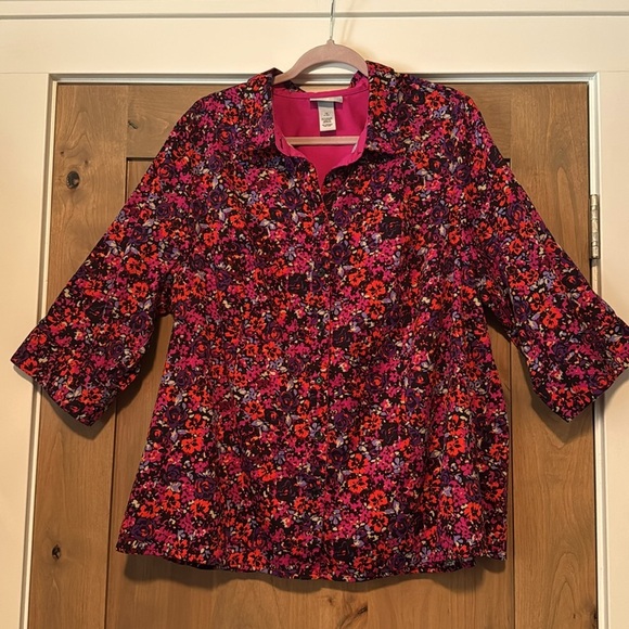 CATHERINES Button Down 3/4 Sleeve Blouse Womens plus size 1X Ditzy Floral Cotton - Picture 1 of 10